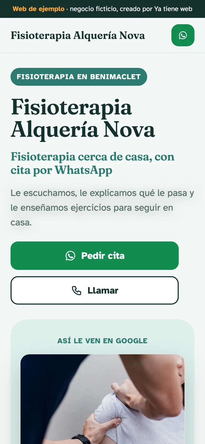 Web de ejemplo de Fisioterapia Alquería Nova, vista en un móvil