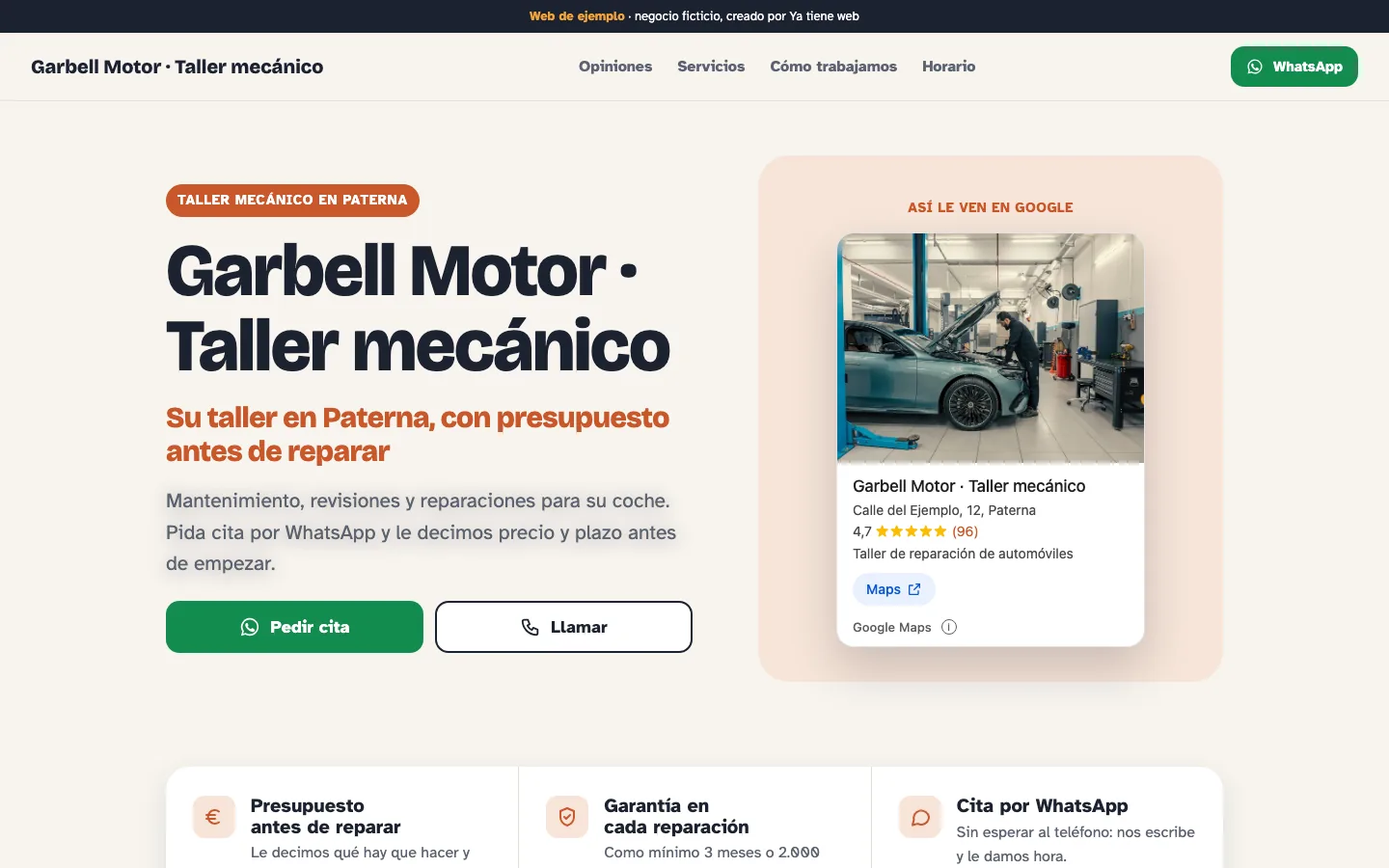 Web de ejemplo de Garbell Motor · Taller mecánico, vista en un ordenador