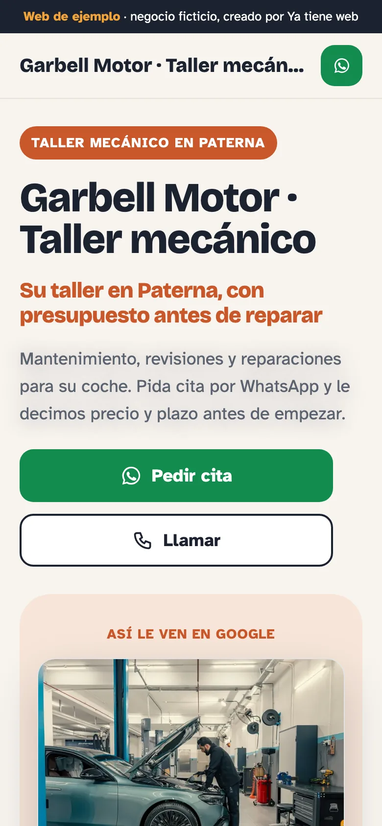 Web de ejemplo de Garbell Motor · Taller mecánico, vista en un móvil